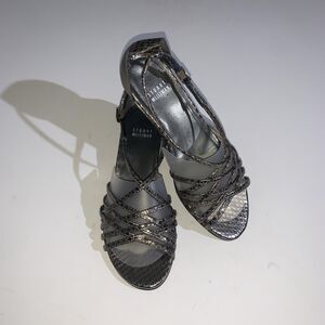 Stuart Weitzman Sandals Womens Size 6 Silver Leather Strappy Wedge LW87491